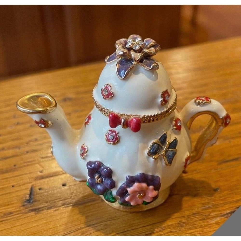 Teapot Trinket Box Enamel Coated Butterfly Rhinestone Magnetic Jewelry Box